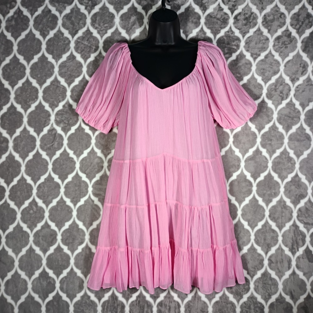 Rebecca Taylor Mini Dress Small Pink Crinkle Chiffon Tiered Babydoll Pockets
